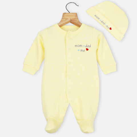 Yellow Mom Plus Dad Embroidered Full Sleeves Footsie With Cap